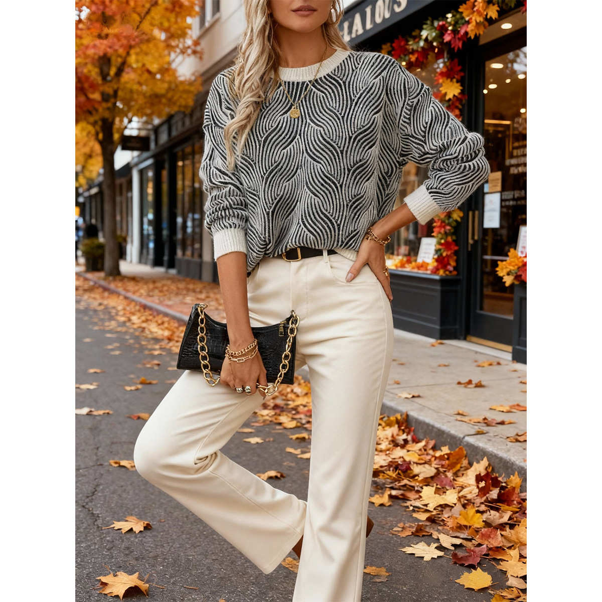 Color-Block Wavy Ribbed Knit Pullover Sweater
