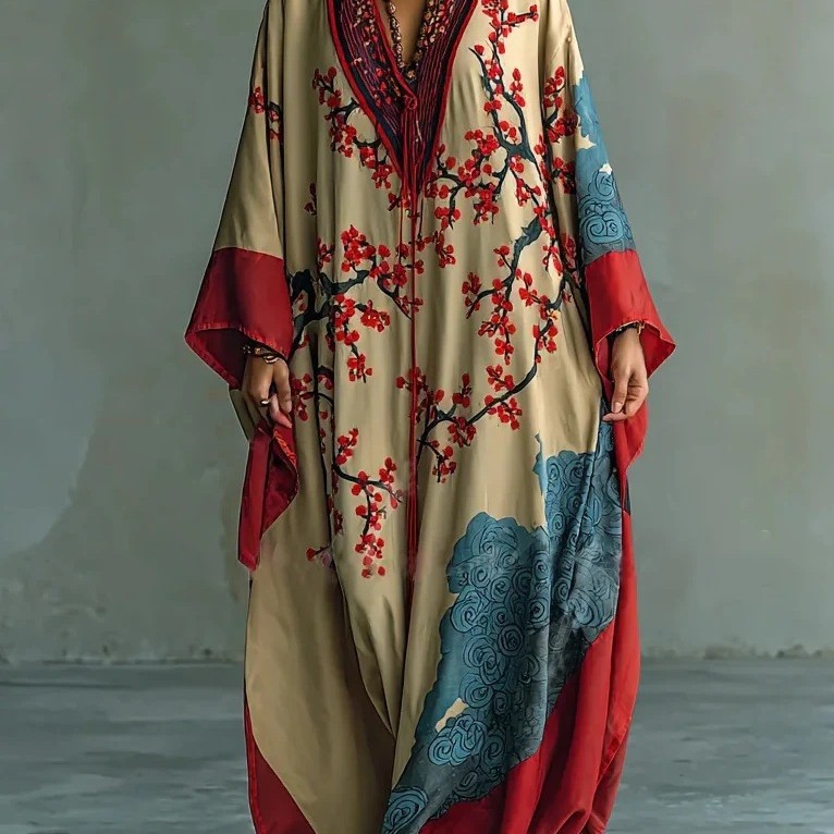 Floral Print V-Neck Bell Sleeve Long Robe Loose Loungewear
