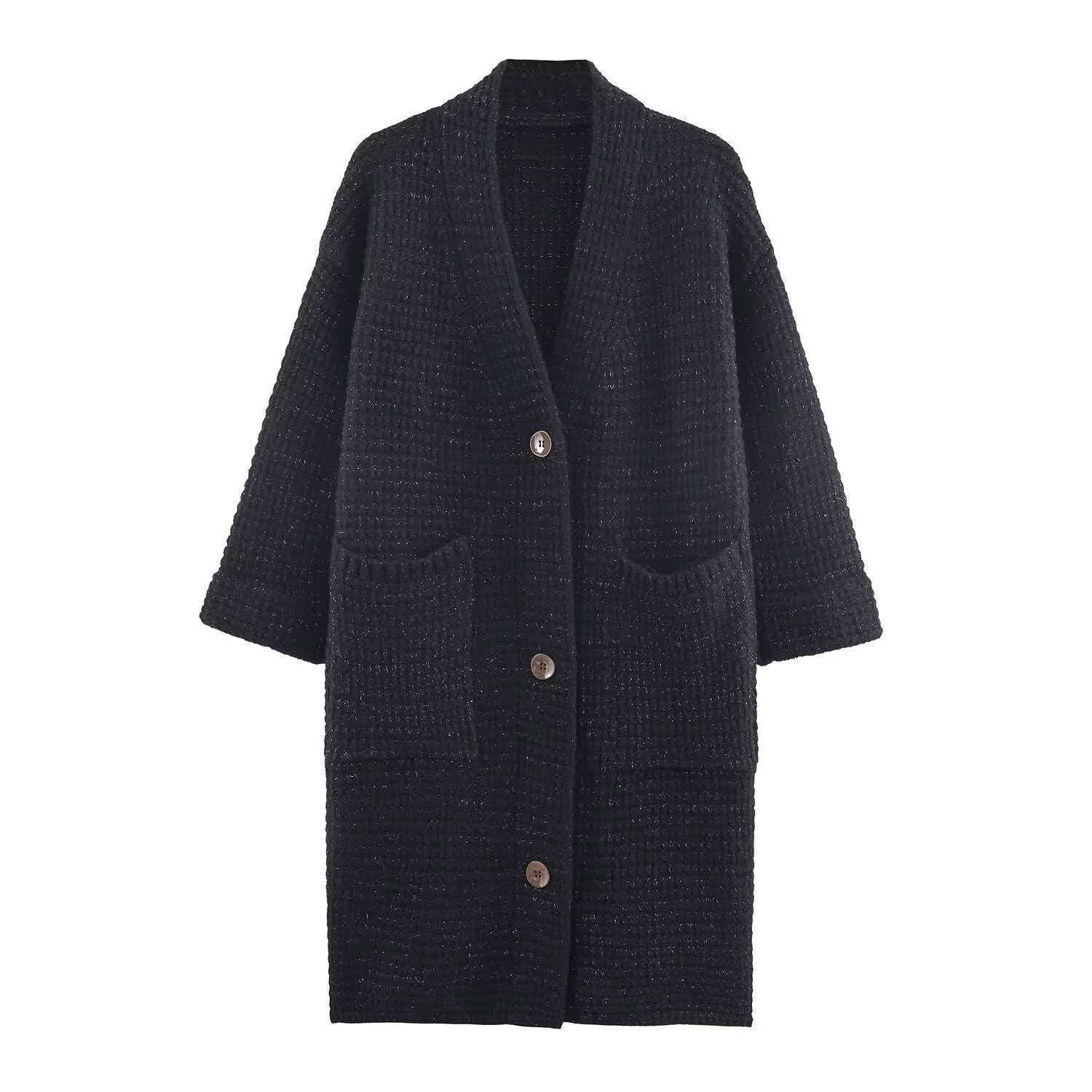 Women's Long Over-Knee Knit Cardigan V-Neck Button Front Solid