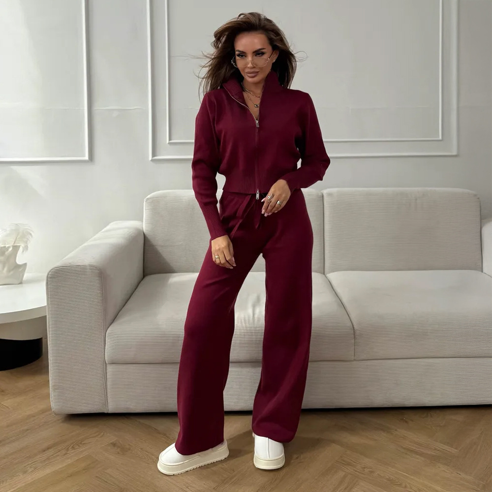 Women's Zip-Up Knit Sweater Set Slim Fit Two-Piece