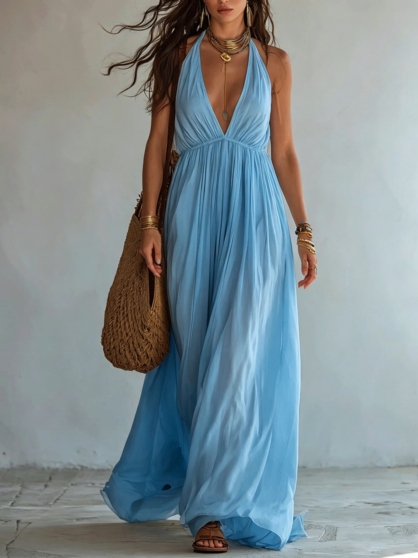 Women's Deep V-Neck Pleated Halter Open-Back Long Evening Dress
