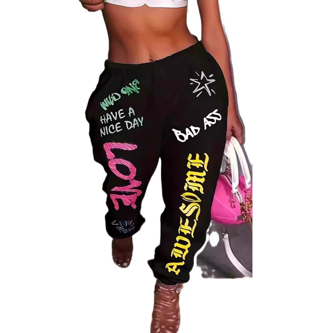 Women's Printed Elastic Waist Harem Pants Casual Lounge Trousers