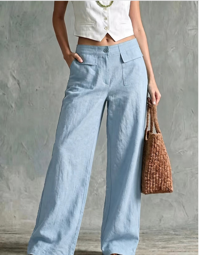 Women's High-Waist Wide-Leg Cotton-Blend Casual Pants