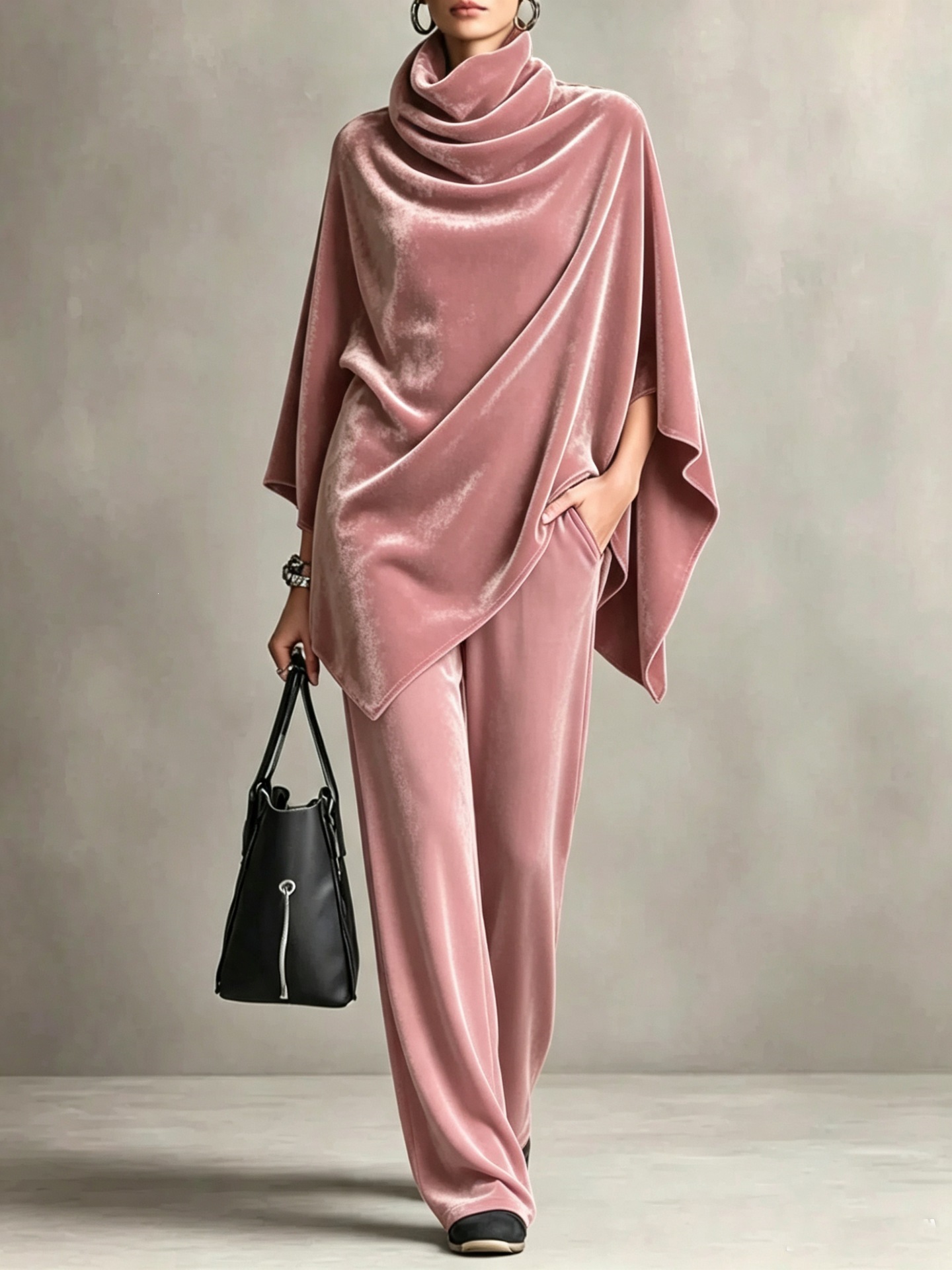 Women's Korean Velvet Cowl Neck Cape Top & Wide-Leg Pants Two-Piece Set
