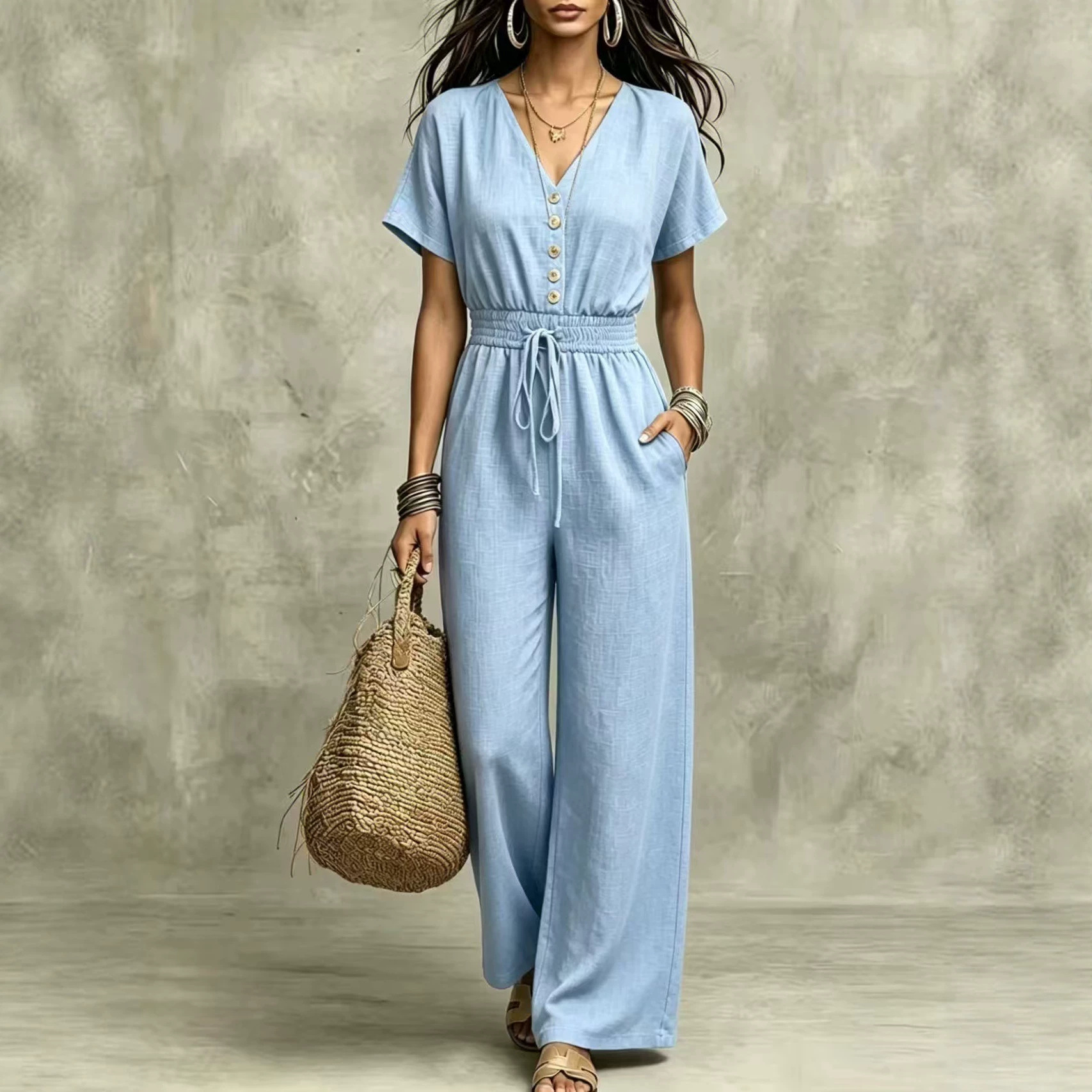 V-Neck Button-Front Short-Sleeve Drawstring High-Waist Wide-Leg Cotton-Feel Jumpsuit