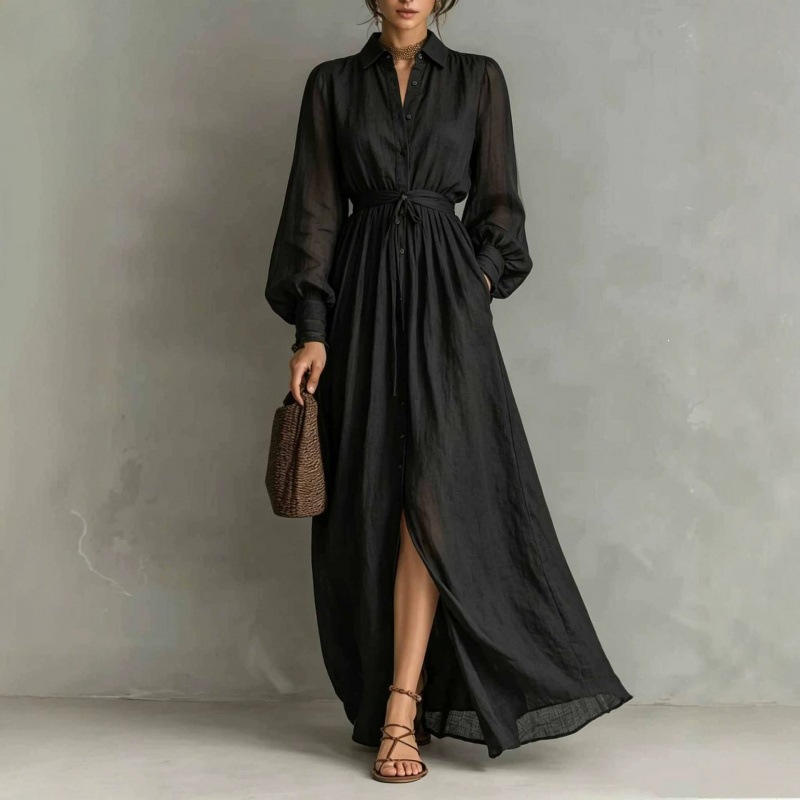 Boho Cotton-Linen Lantern Sleeve Pocket Dress