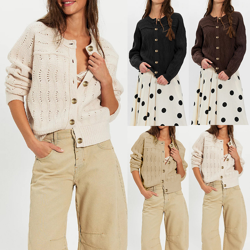 Women's Casual Knit Cardigan Sweater, Loose Fit Crew Neck Long Sleeve