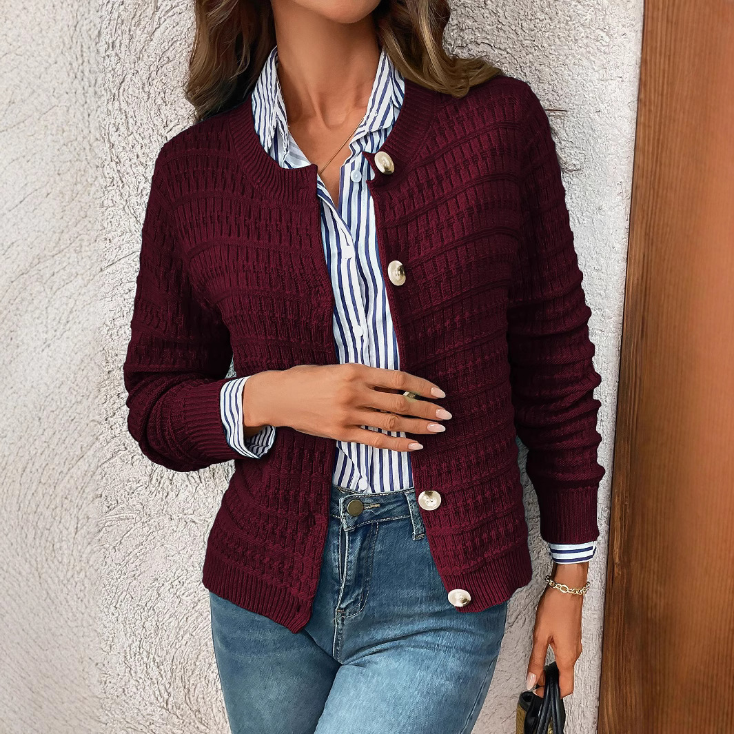 Women's Solid Color Crewneck Knit Cardigan Sweater