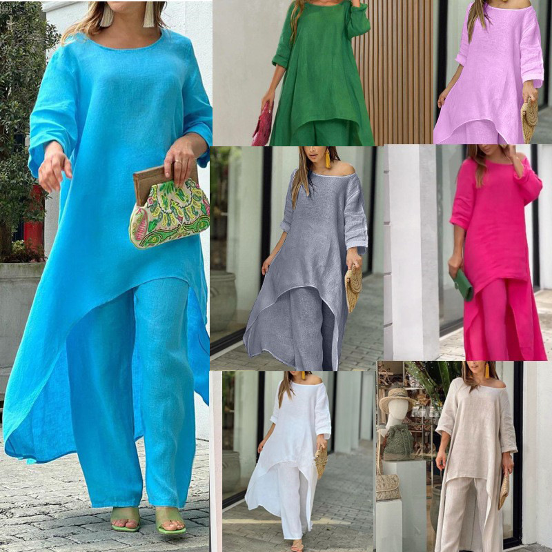 Women's Cotton-Linen Irregular Long-Sleeve Wide-Leg Two-Piece Set