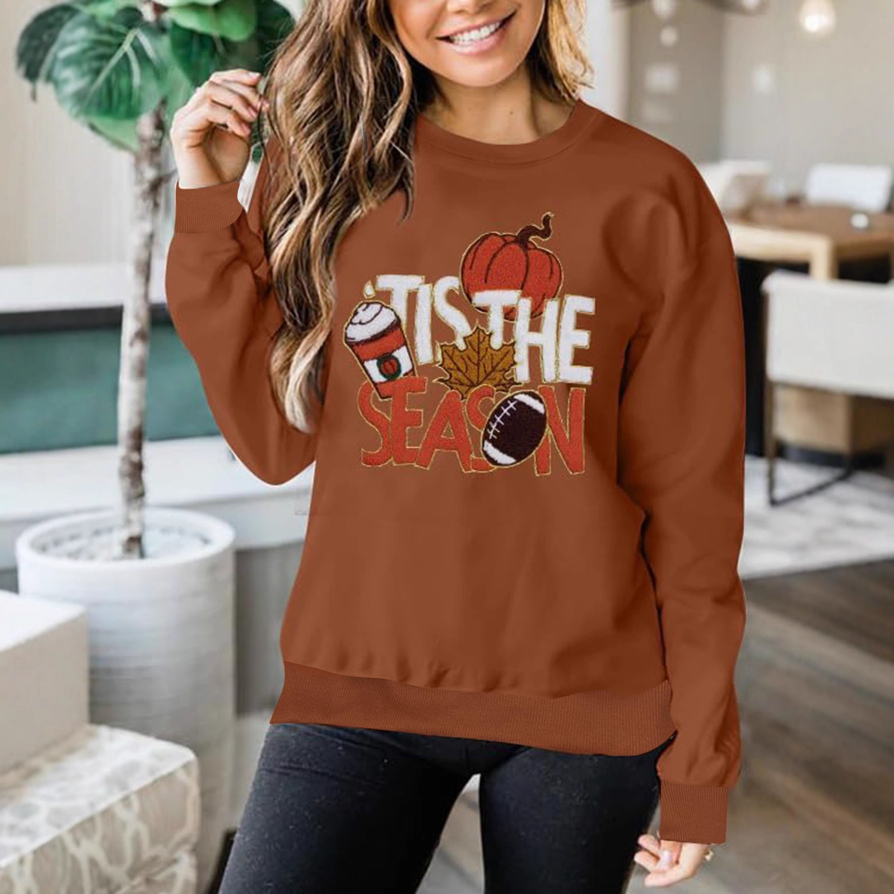 Halloween Letter Print Towel Embroidered Crewneck Long Sleeve Ribbed Sweatshirt