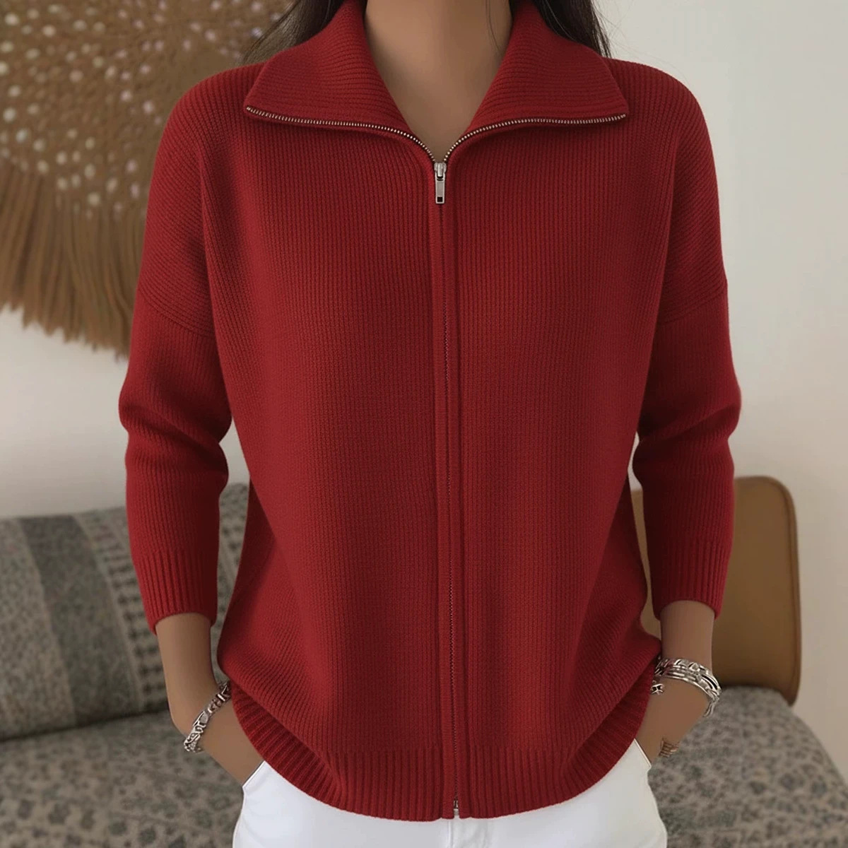 Women's Zip-Up Knit Cardigan Sweater with Collar, Solid Color Casual