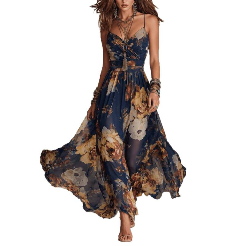 Women's Floral Print Ruched Sleeveless V-Neck Maxi Dress
