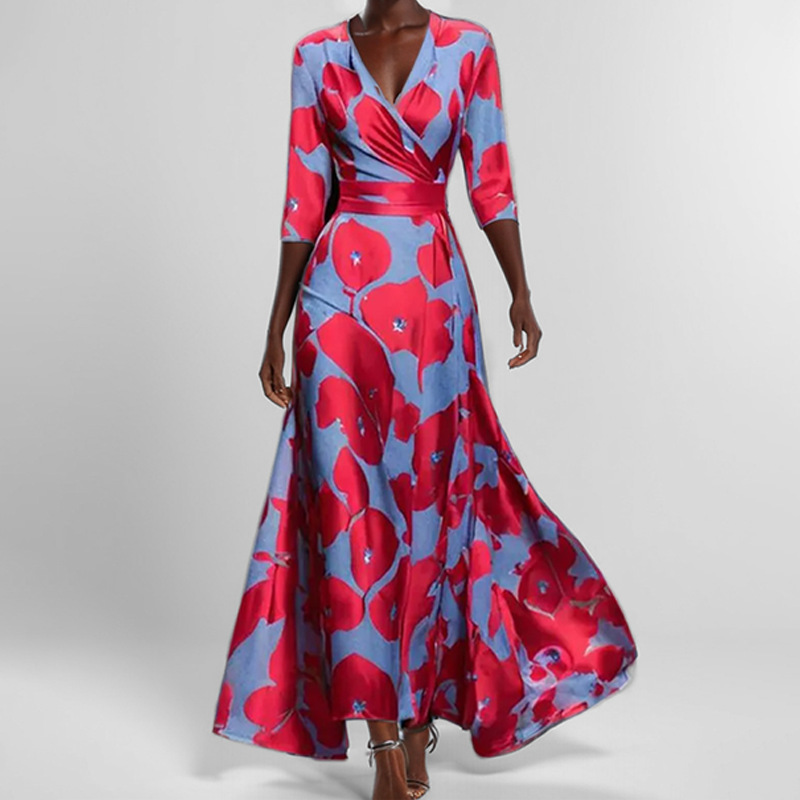 Elegant V-Neck Floral Print Slim-Fit Long Dress