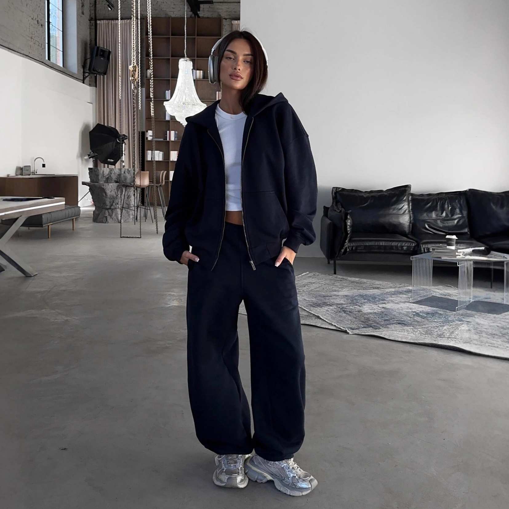 Women's Casual Hooded Long Sleeve Cardigan & Pants Two-Piece Set Solid Color