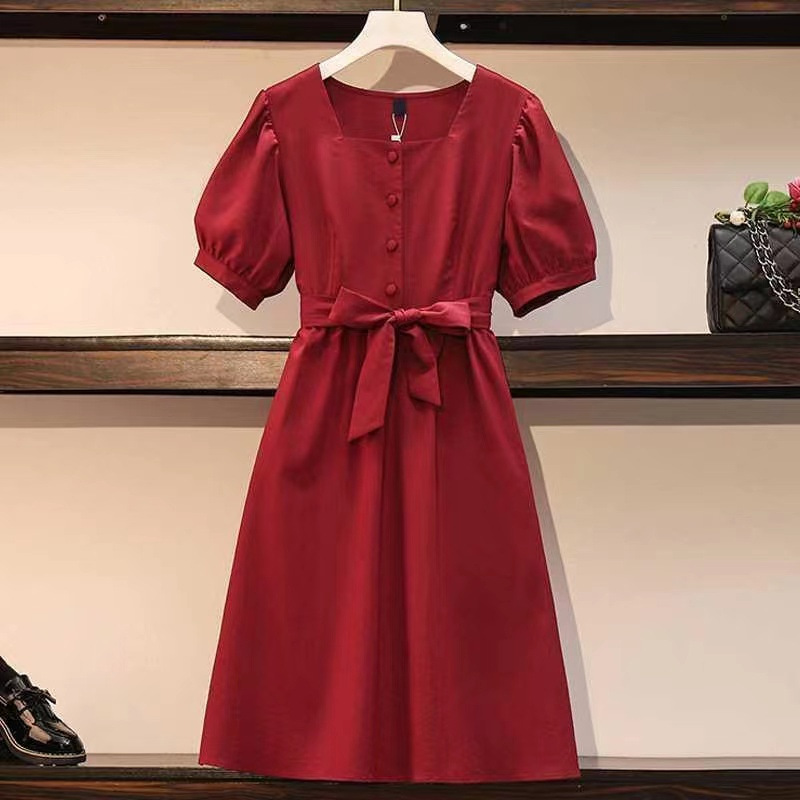 Women's Midi A-Line Dress with Short Sleeves and Cinched Waist