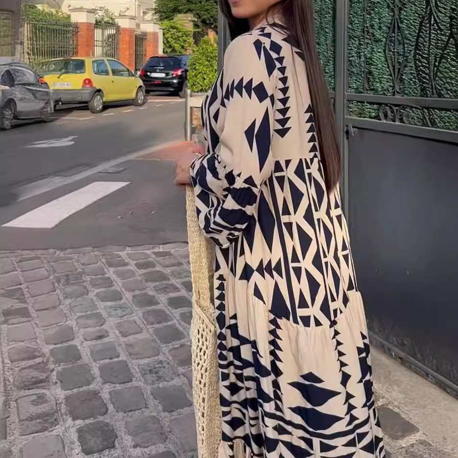 Plus Size Bohemian Print Shirt Dress V-Neck A-Line Long Sleeve