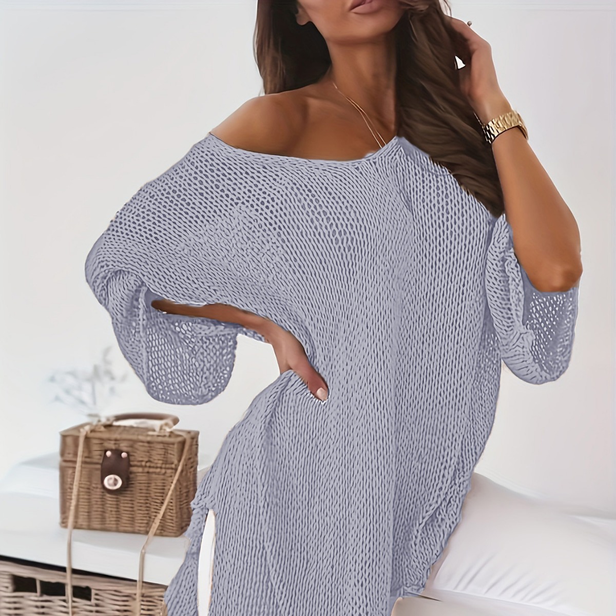 Women's Plus Size V-Neck Flared Sleeve Midi Sweater