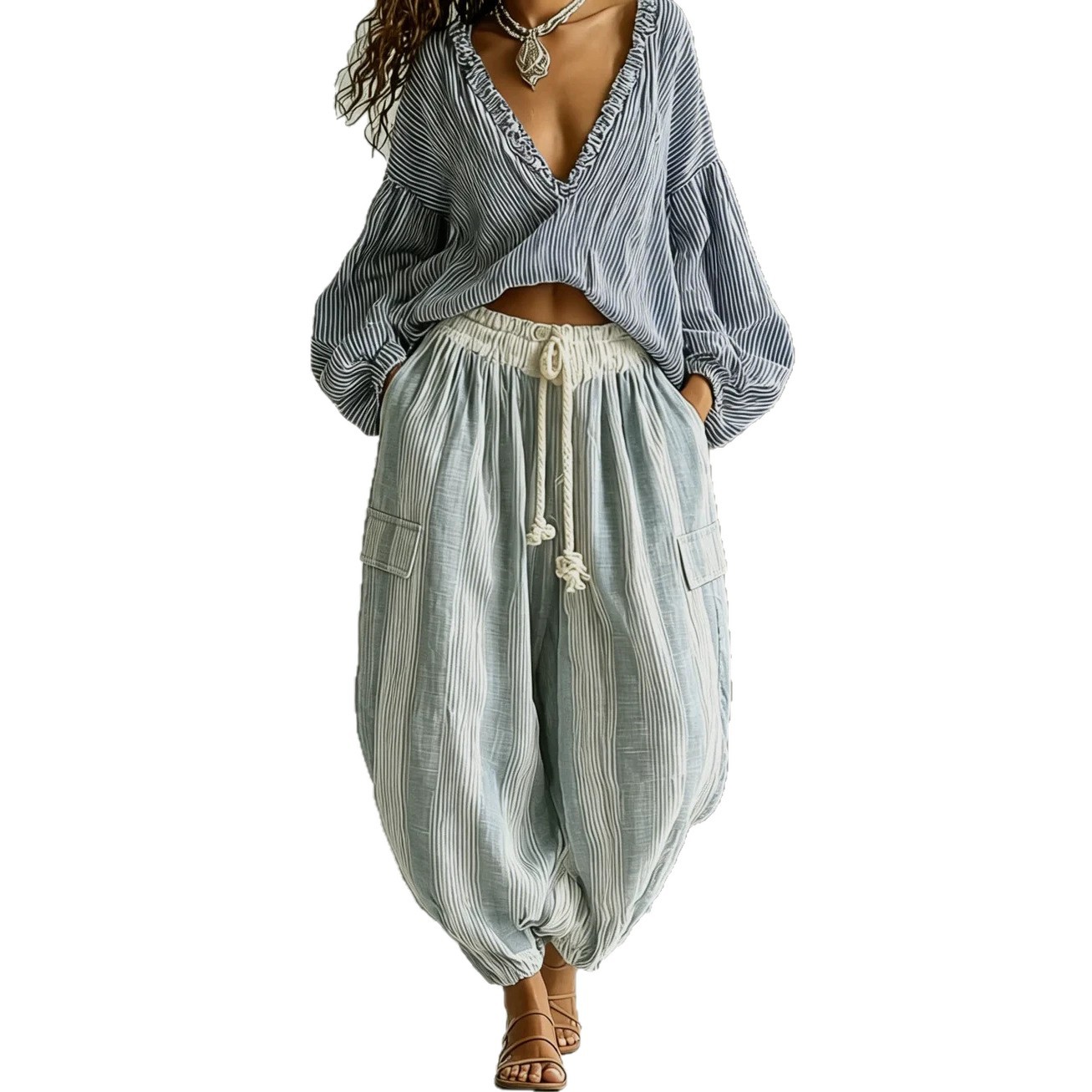 Women's Striped Color-Block Asymmetric Pant Set