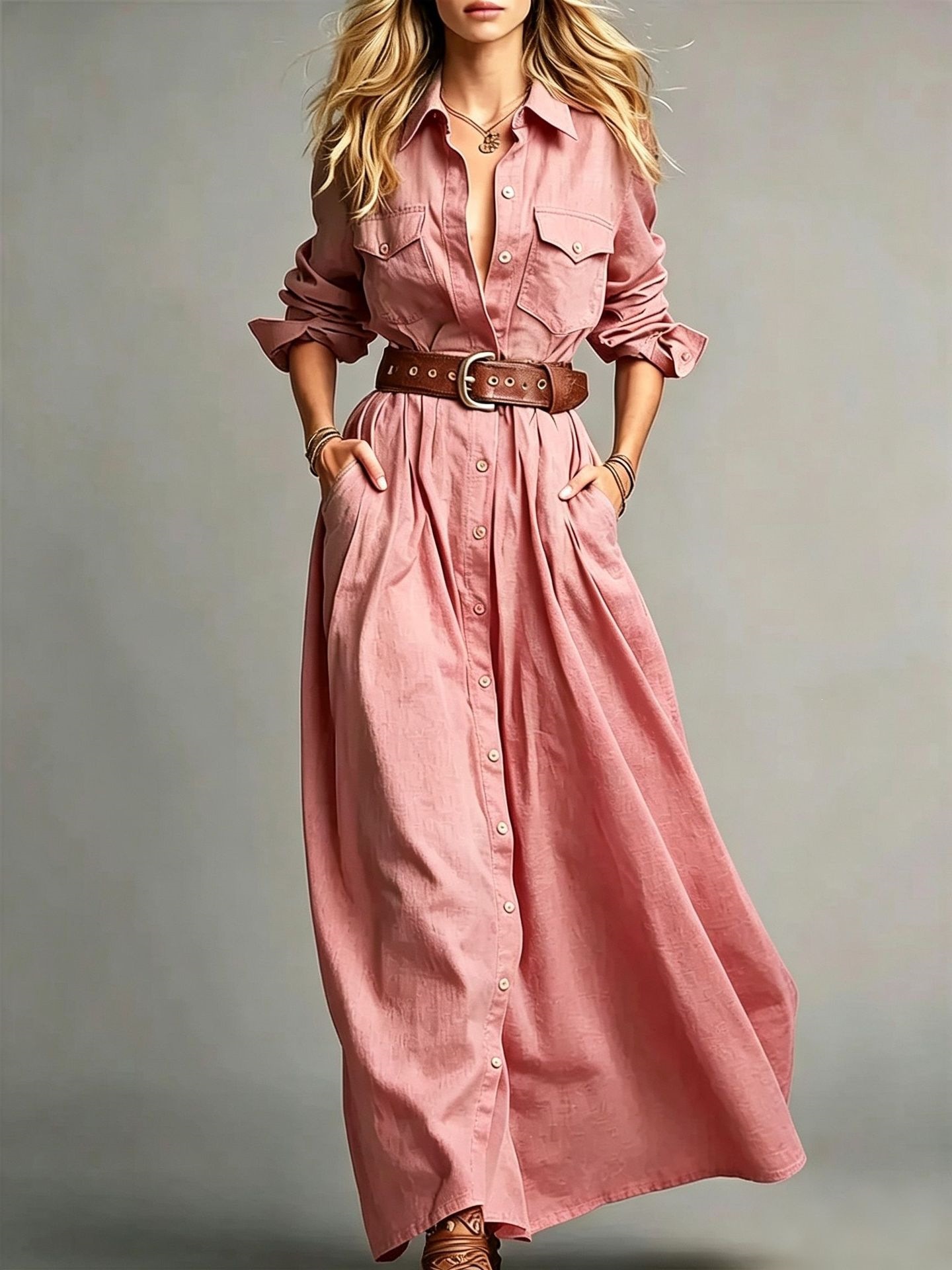 Women's Solid Color Long Sleeve Button-Front Shirt Dress