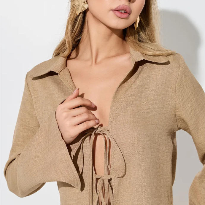 Women's Long Sleeve Tie-Front Cardigan Collared Top and Loose Pants Casual Two-Piece Set