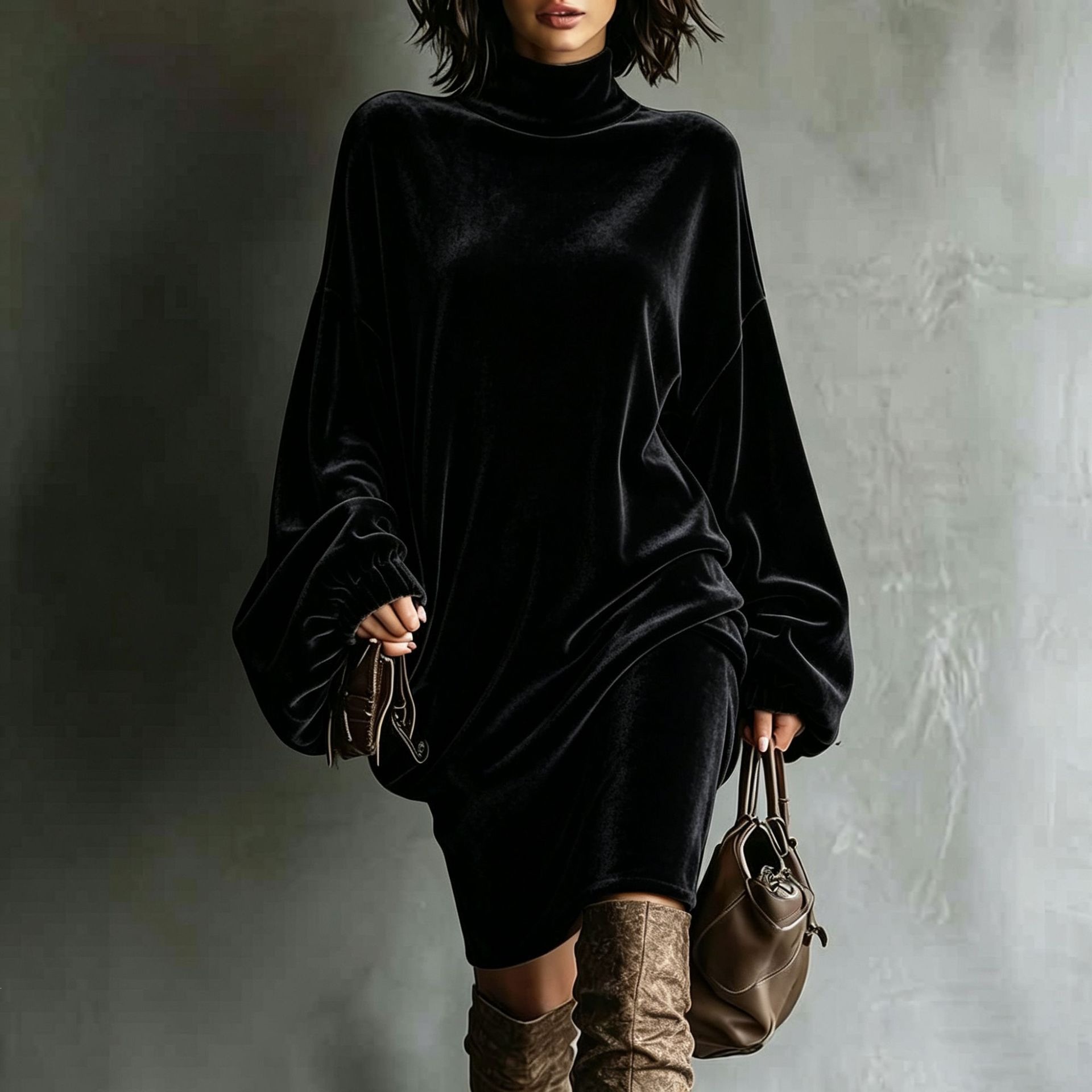 Velvet High Neck Long Sleeve A-Line Dress Women's Loose Solid Color Commuter