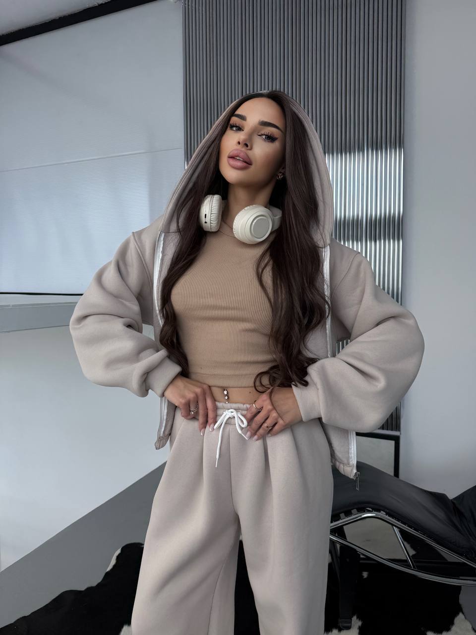 Women's Casual Loose Hooded Zip-Up Sweatshirt and Pants Set