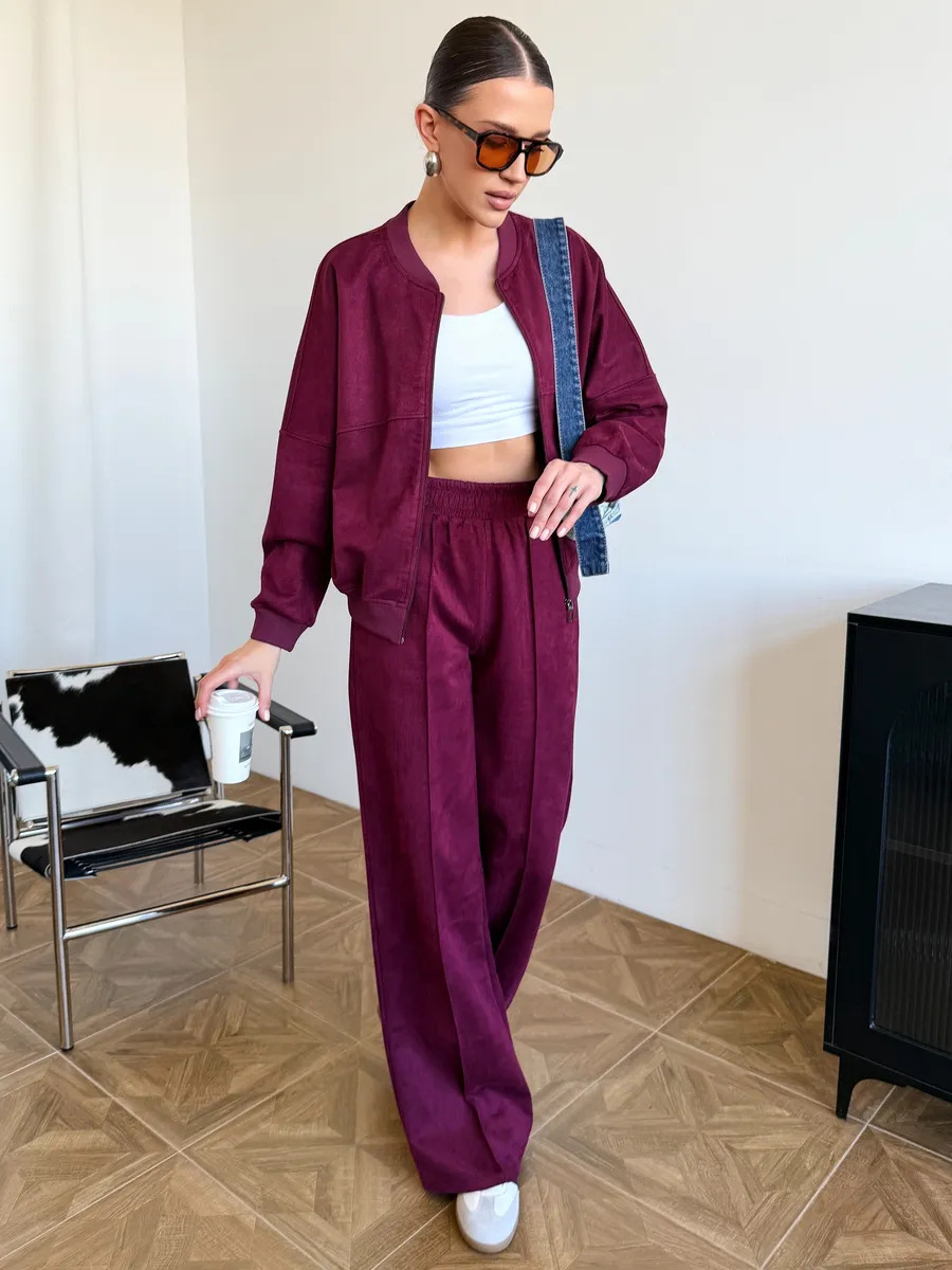 Women's Faux Suede Two-Piece Cardigan and Pants Set Long Sleeve