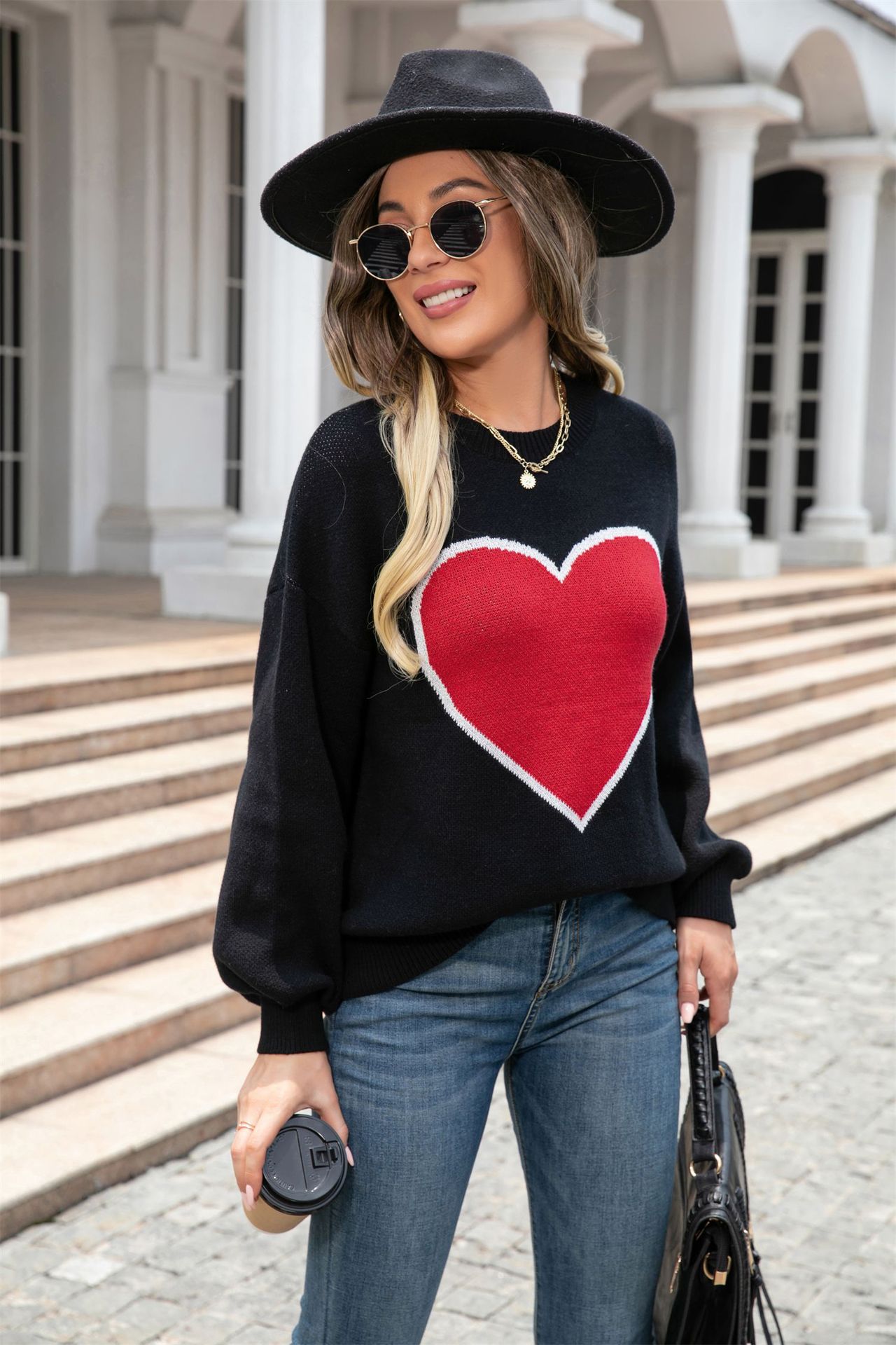 Plus Size Heart Crewneck Knit Sweater