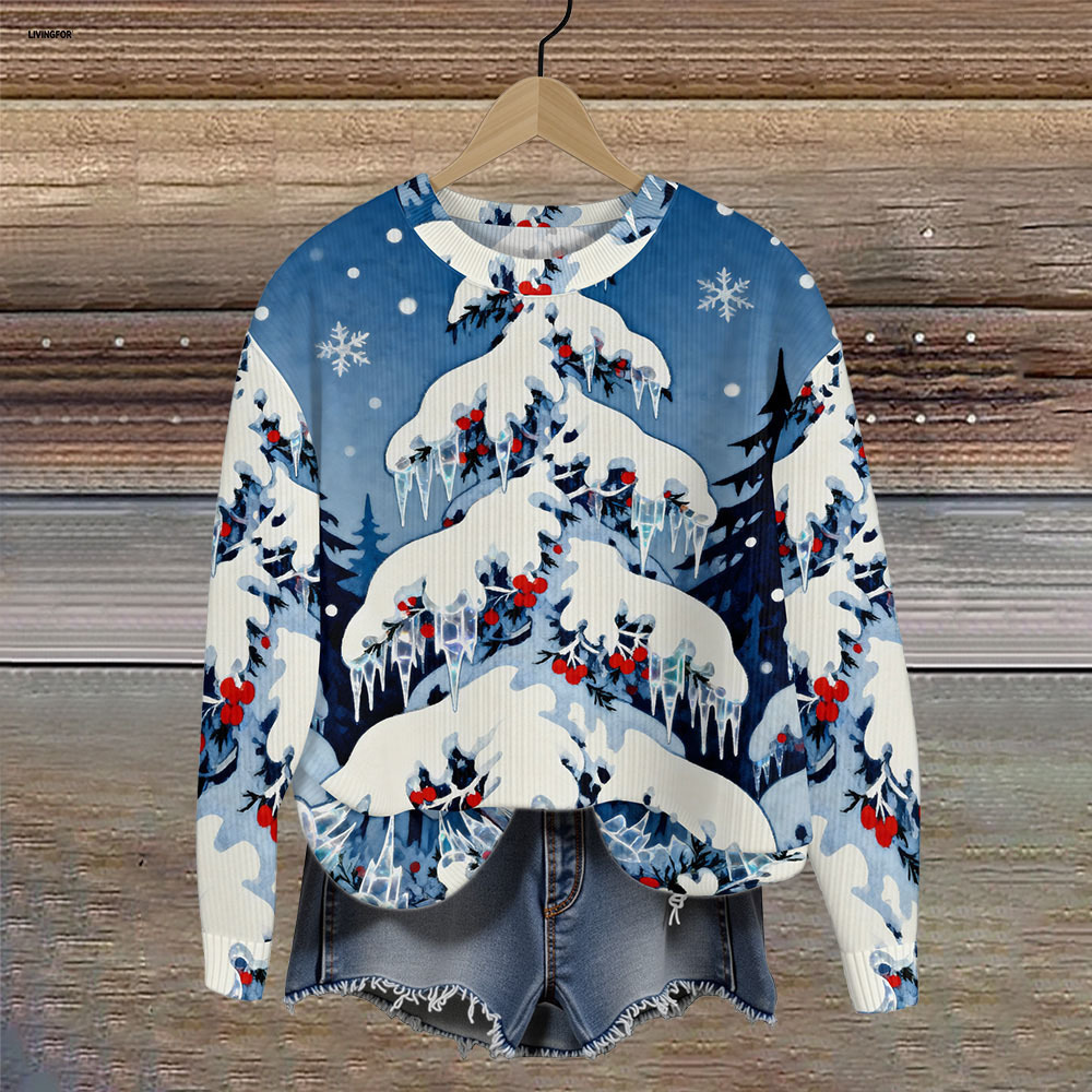 Women's Leaf Snowflake Forest Tree Print Crewneck Sweatshirt