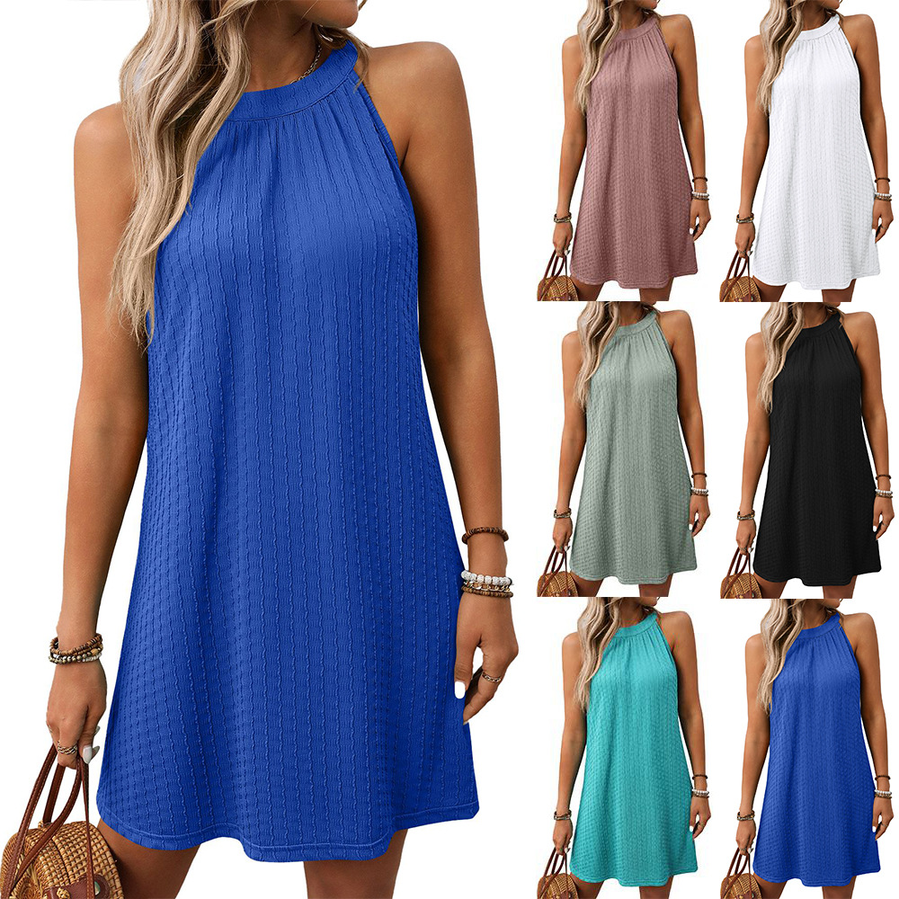 Women's Solid Color Halter Neck Sleeveless A-Line Midi Dress Loose Fit