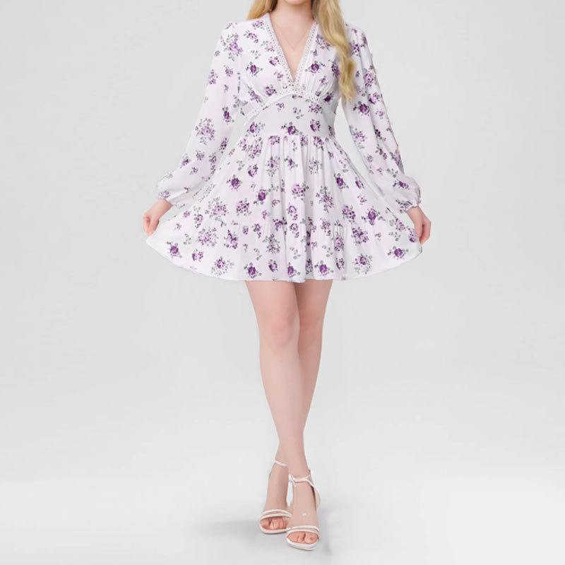 Elegant V-Neck Floral Bubble Sleeve Waist-Cinched Short Dress