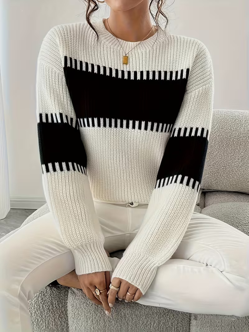 Women's Casual Striped Drop Shoulder Long Sleeve Sweater Colorful Striped Pullover