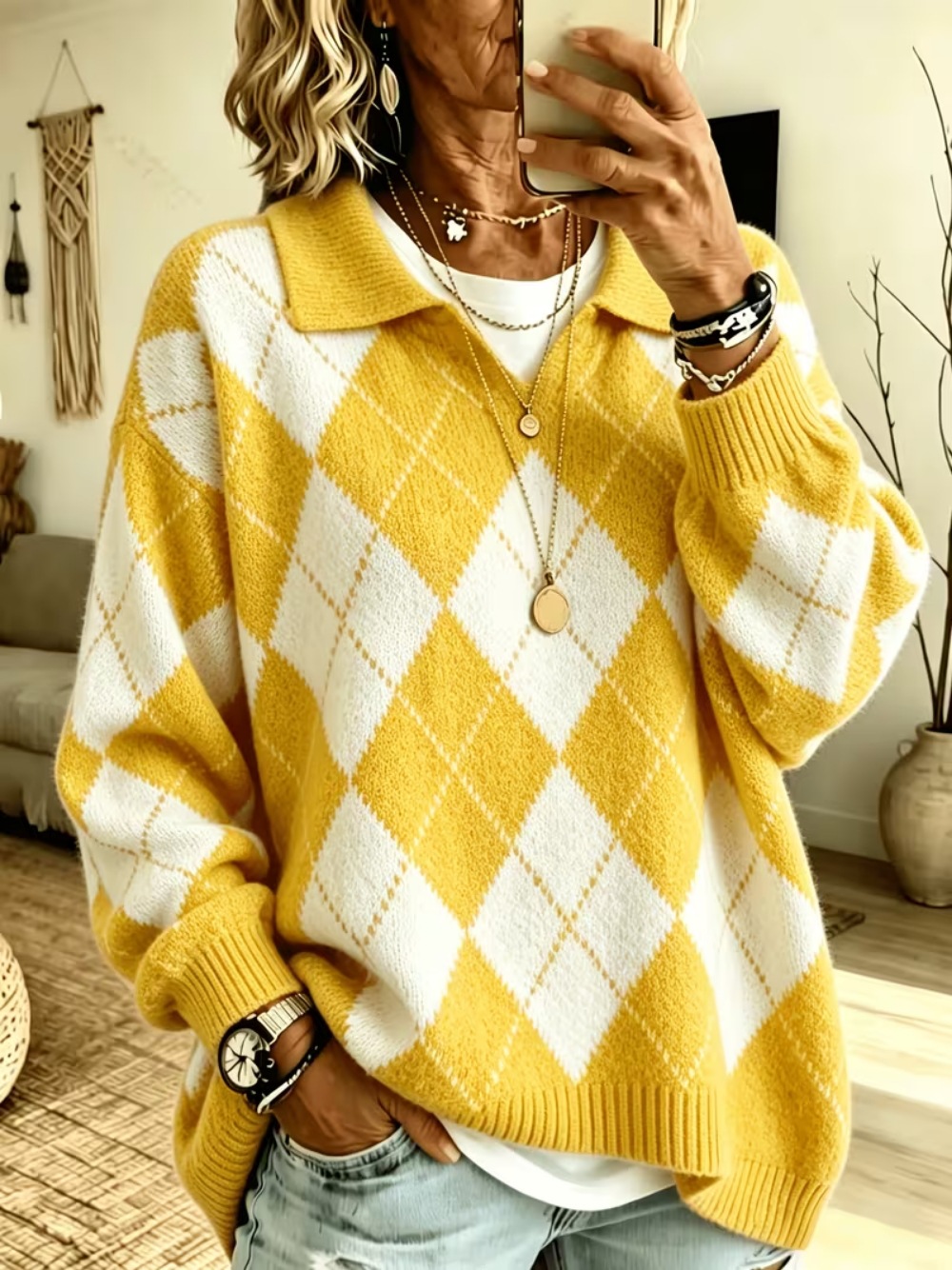 Diamond Plaid V-Neck Collared Knit Sweater