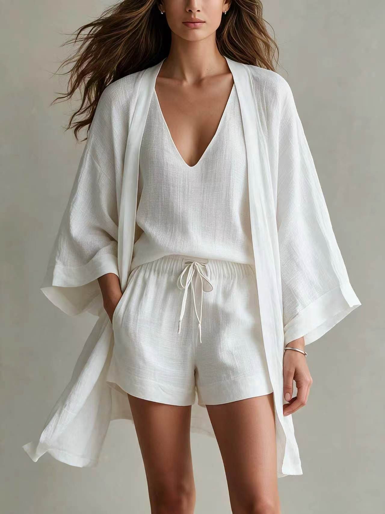 Women's Loose Mid-Length Open-Front Sleeveless Vest and Shorts 3-Piece Set