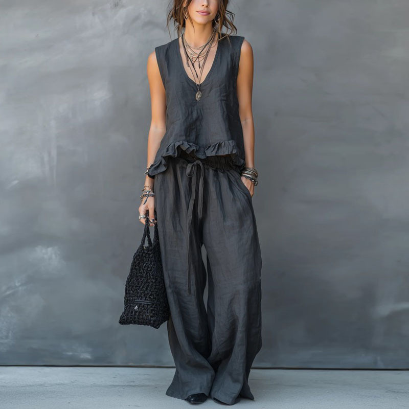 Sleeveless V-Neck Ruffle Top and Wide-Leg Pants Set