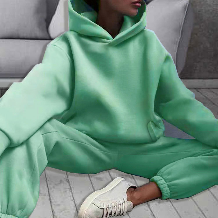 Women's Solid Color Hooded Sweatshirt and Pants Two-Piece Casual Set
