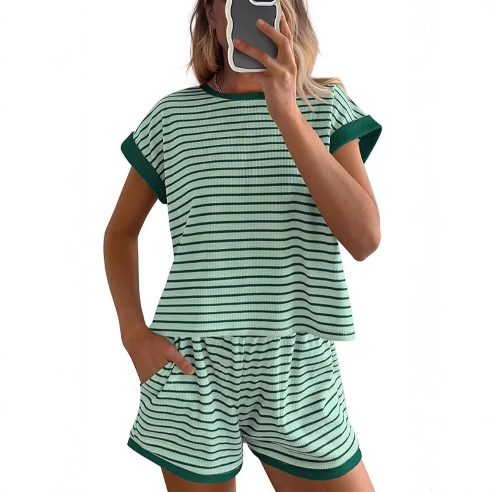 Women's Striped Crewneck Top and Shorts Casual Two-Piece Set