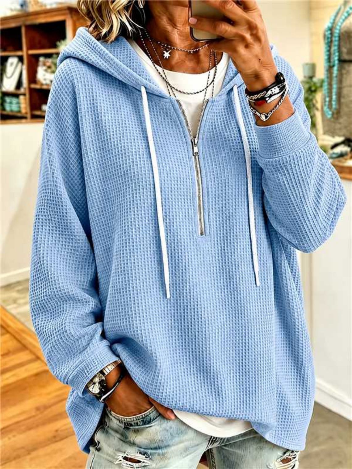Women's Waffle Knit Drawstring Hooded Sweatshirt Loose Zip-Up Long Sleeve Top