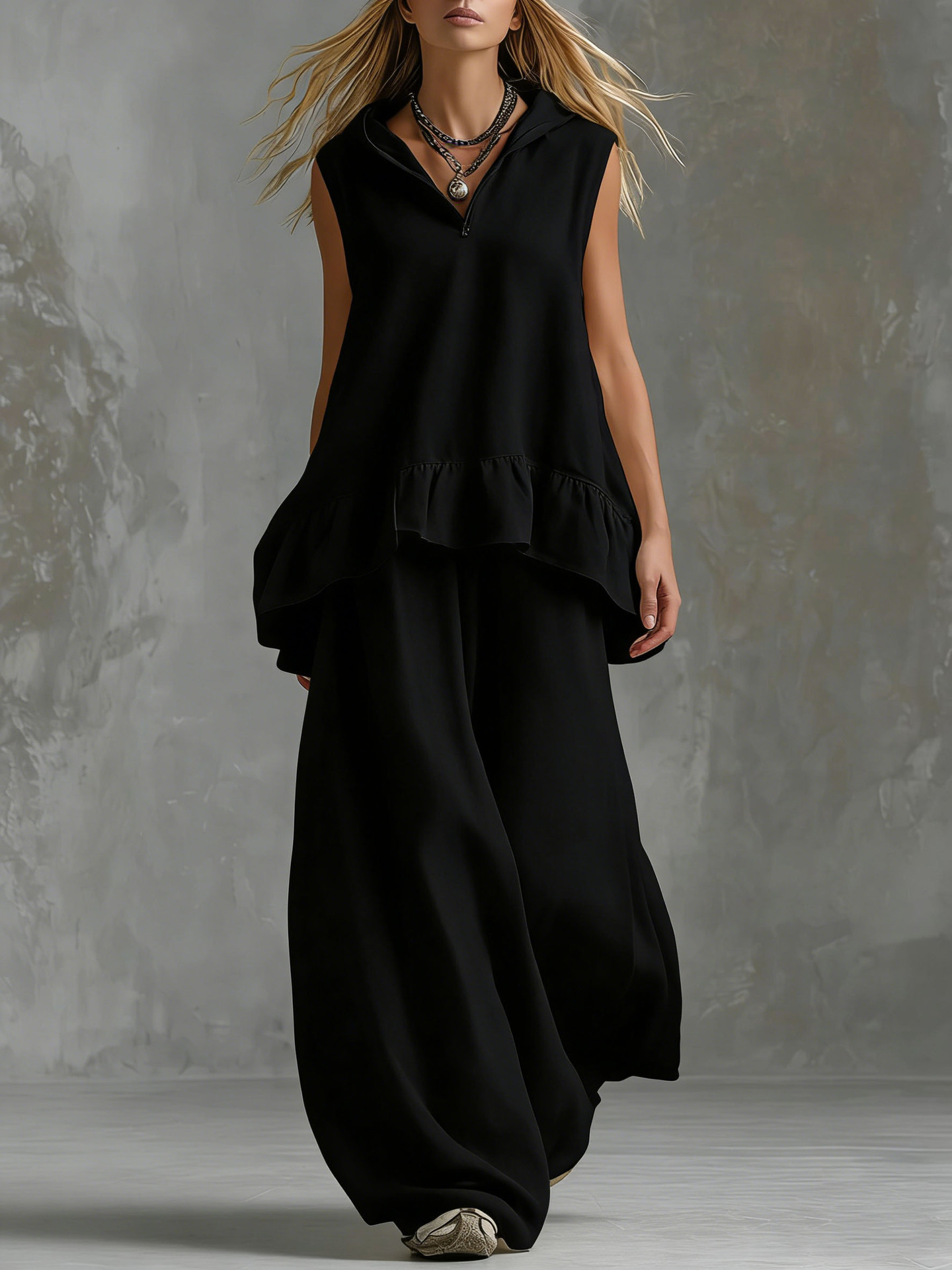 Women's Solid V-Neck Sleeveless Top and Wide-Leg Pants Casual Two-Piece Set