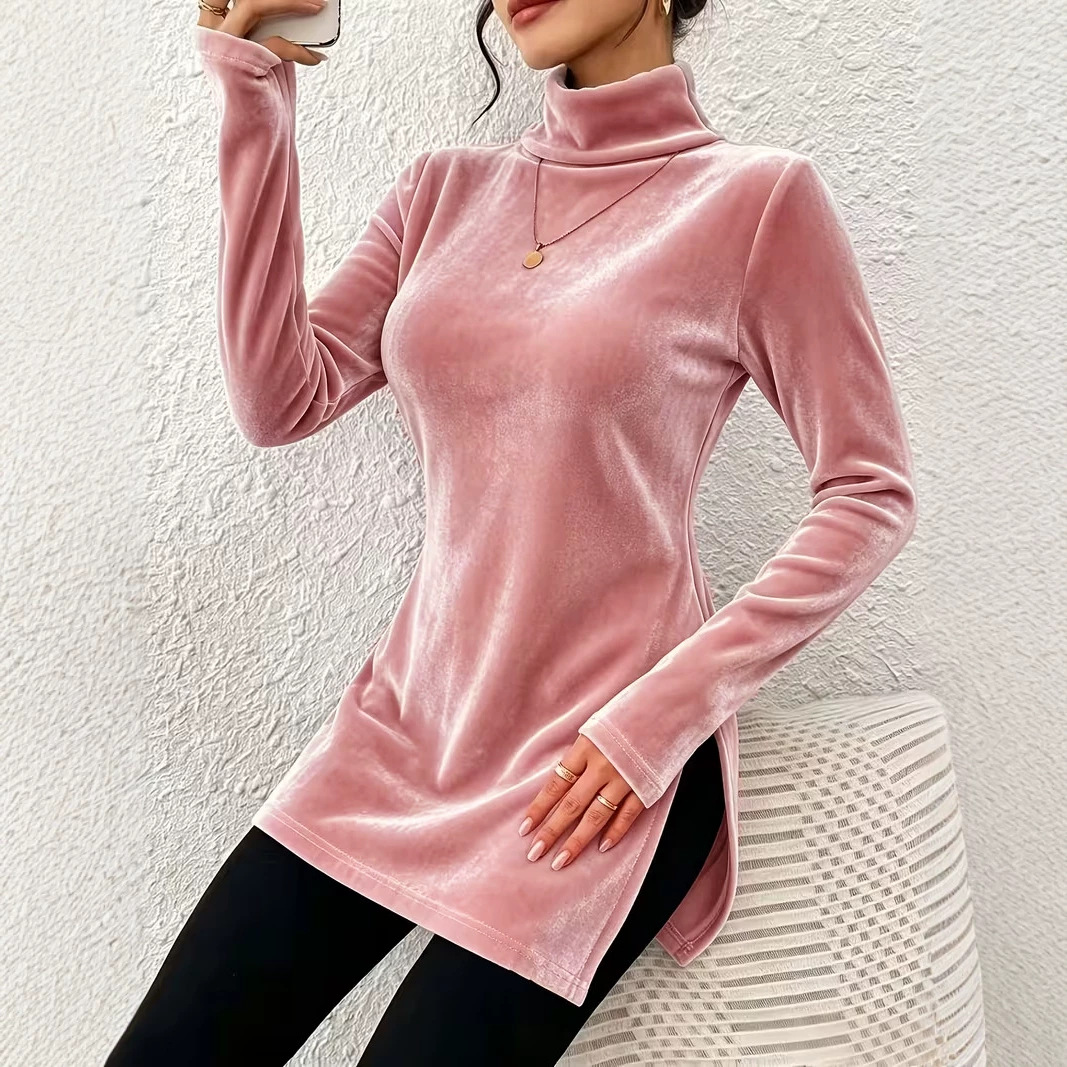 Women's Velvet High Neck Split Slim Fit Pullover Top