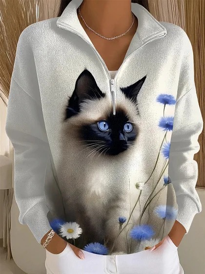 Cat & Moon Print Half-Zip Hoodie for Women