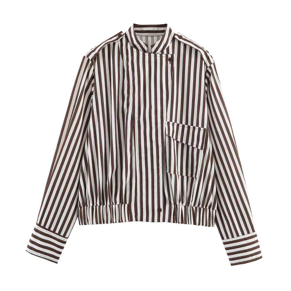 Striped Stand Collar Zip Jacket Casual Loose Fit