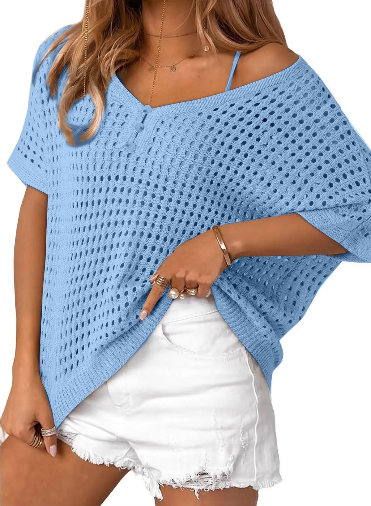 Women's V-Neck Short Sleeve Button Crochet Hollow Knit Top Beach Cover-Up
