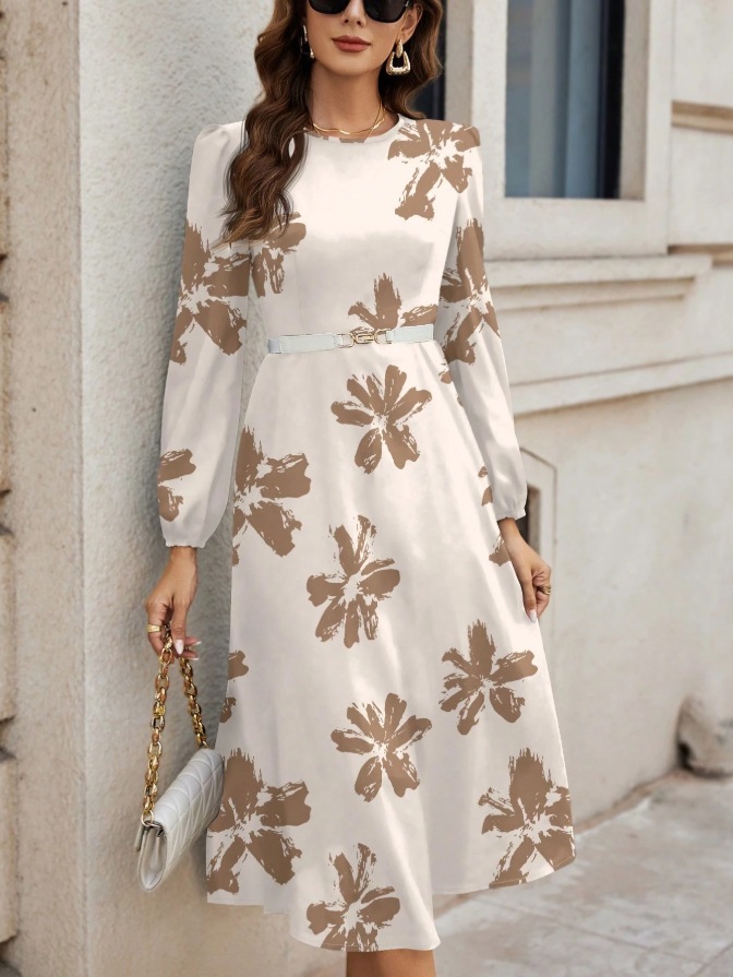 Floral Print Knit A-Line Long Dress Crew Neck Long Sleeve