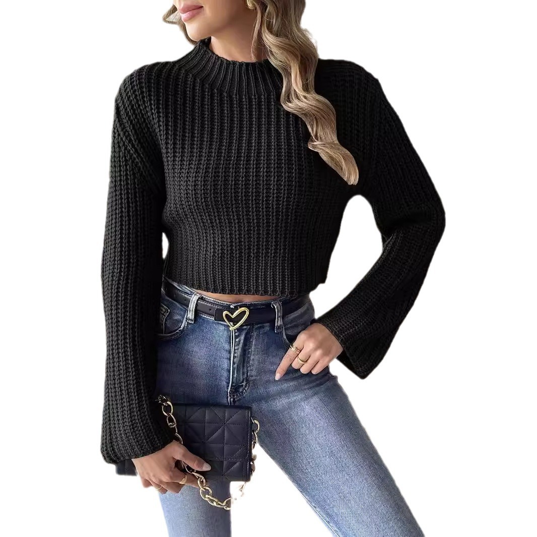 Women's Cropped Mock Neck Sweater with Bell Sleeves
