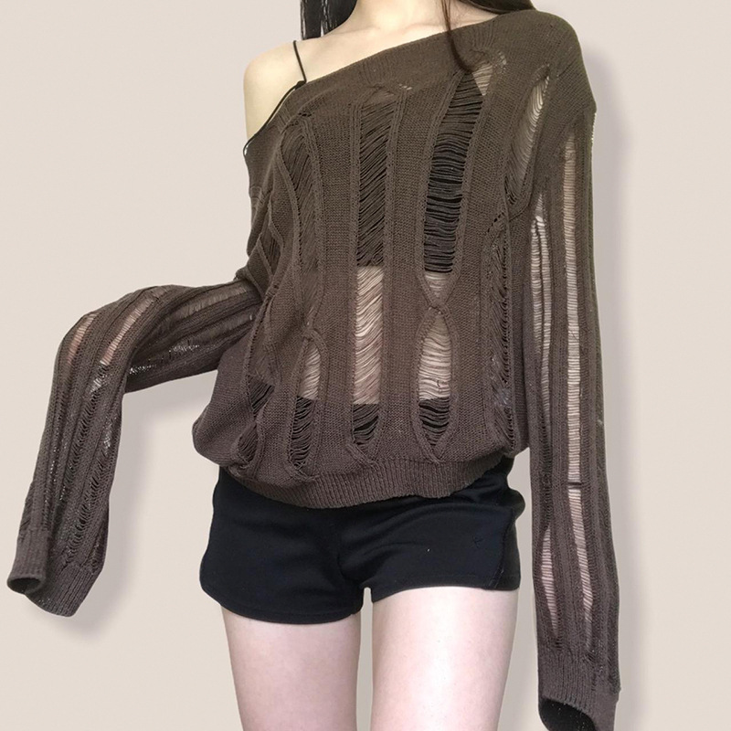 Women's Round Neck Long Sleeve Hollow Out Knit Sweater Loose Casual Pullover