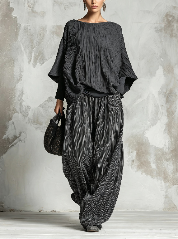 Women's Pleated Batwing Sleeve Top & Wide-Leg Pants Two-Piece Set