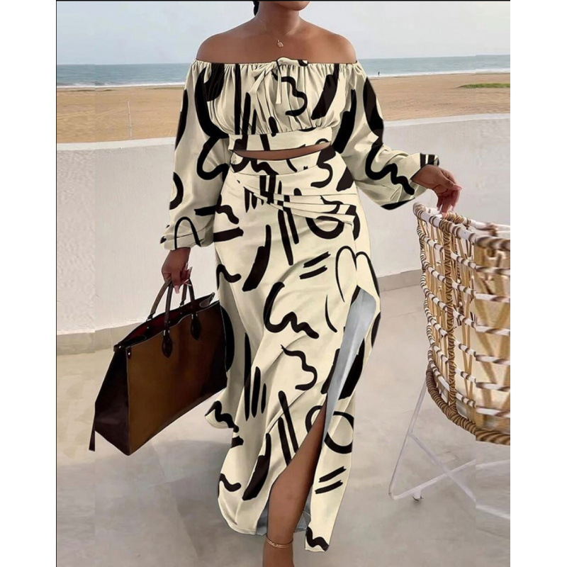 Off-Shoulder Slit Dress Set with Printed Top