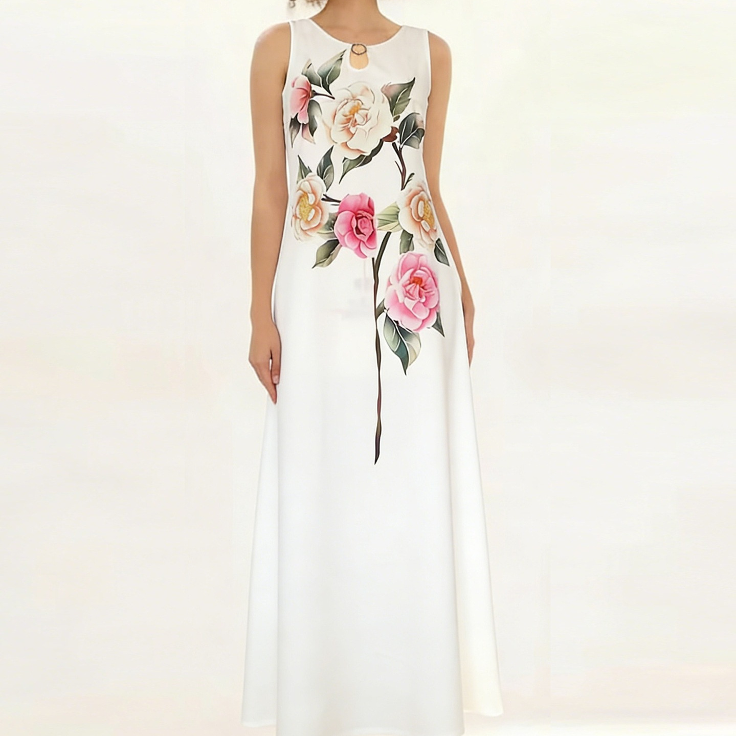 Elegant Floral Print Sleeveless A-Line Dress with Pockets