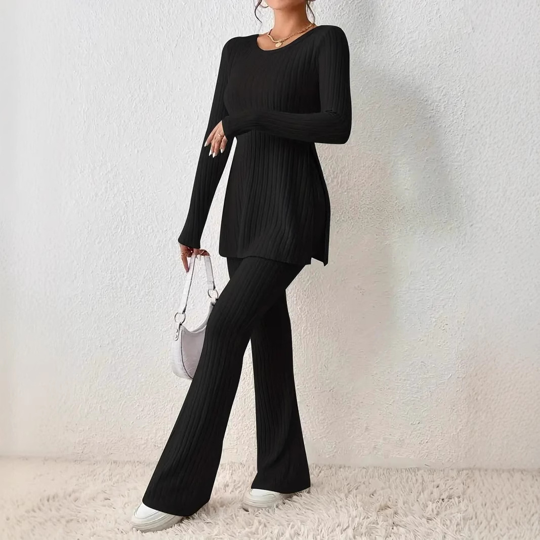 Women's Solid Color Slim Fit Two-Piece Lounge Set with Pants